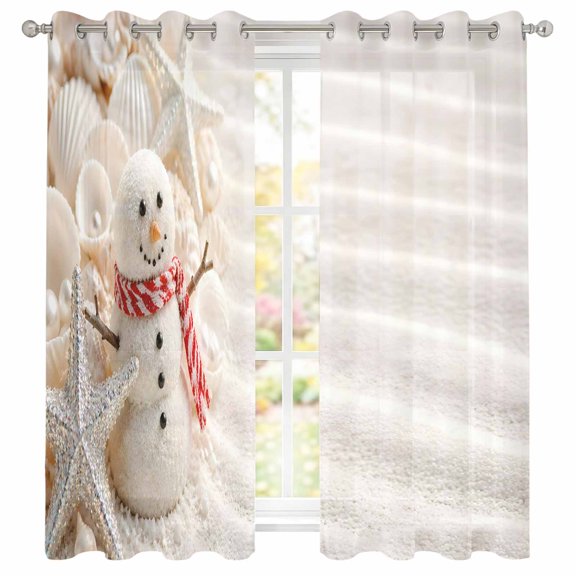 Coastal Christmas Sheer Curtains 39 Inch Long 2 Panels, Winter Sand Snowman Starfish Shells Pearl Beads Light Filtering Semi Sheer Drapes Grommet Voile Window Curtain for Living Bedroom W27.9 x L39