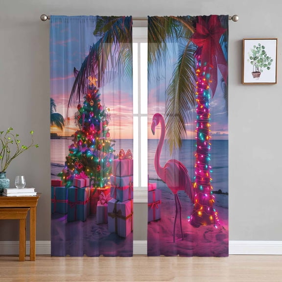 Coastal Christmas Sheer Curtains 63 Inches Length 2 Panels Set, Window Sheer Curtains for Living Room/Bedroom, Flamingo Xmas Palm Tree Beach Light Filtering Rod Pocket Curtain 52'' x 63'' x 2