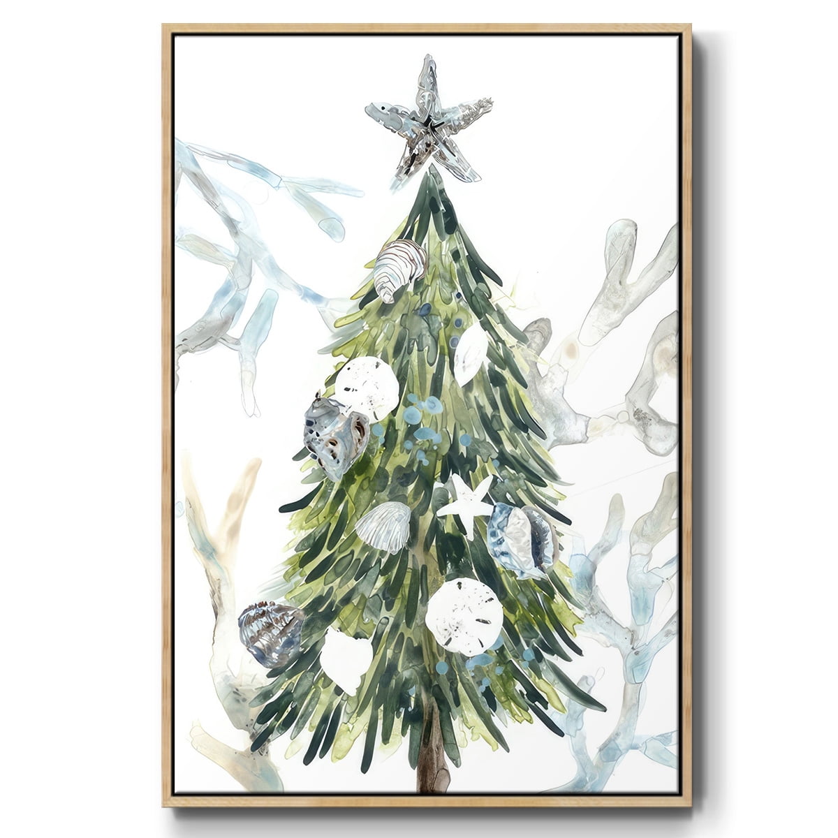 Coastal Christmas Shell Collection B - Framed Gallery Wrapped Holiday Canvas - 17 x 25 - Natural Wood Frame