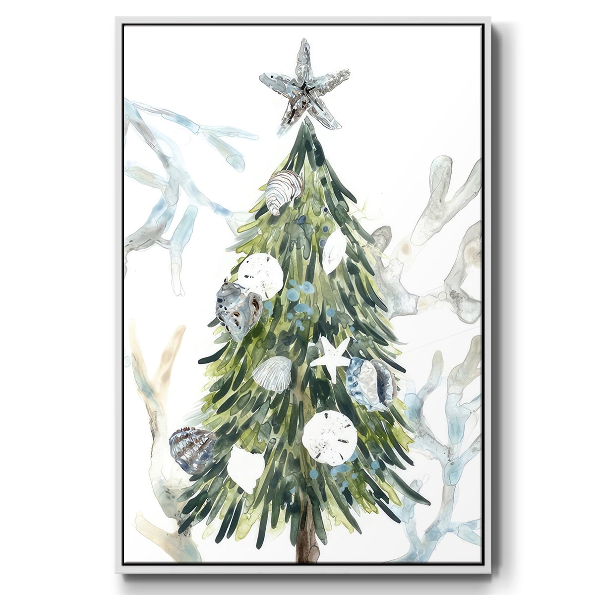 Coastal Christmas Shell Collection B - Framed Gallery Wrapped Holiday Canvas - 25 x 37 - White Frame