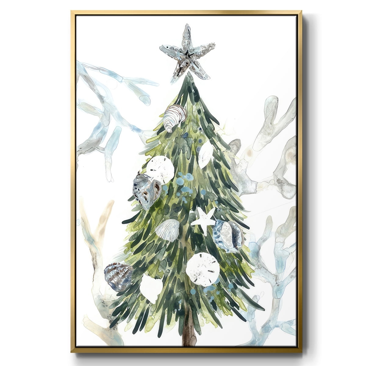 Coastal Christmas Shell Collection B - Framed Gallery Wrapped Holiday Canvas - 27 x 41 - Gold Frame