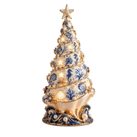 Coastal Christmas Shell Tree Light Tabletop Decor, Nautical Conch Christmas Tree Figurine with LED Lights, Ocean Seahorse Starfish Christmas Statue Christmas Gift for Home Table Holiday Decor
