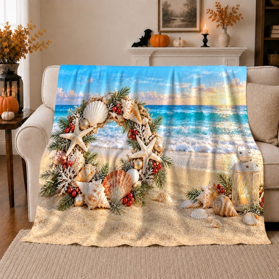Coastal Christmas Shell Wreath Sandy Beach, Festive Holiday Scene, Warm Flannel Blanket for Beach House and Living Room, Art Lovers Christmas Gift, Festive Home Decor