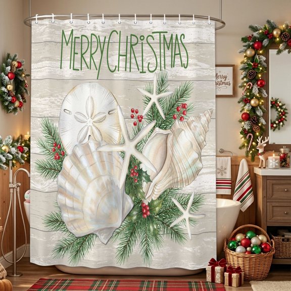 Coastal Christmas Shower Curtain for Bathroom, Beach Starfish Shell Pine Needle Berry Waterproof Fabric Shower Curtain with 12 Hooks, Bathroom Curtain Set for Bathroom Decor, 36 x 72 Inches