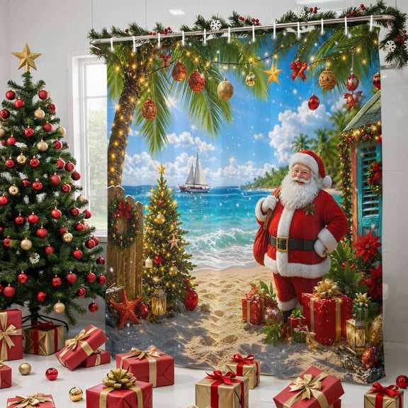 Coastal Christmas Shower Curtain for Bathroom, Red Santa Tropical Xmas Palm Tree Waterproof Fabric Shower Curtain with 12 Hooks, Bathroom Curtain Set for Bathroom Accessories Decor, 36 x 72 Inches