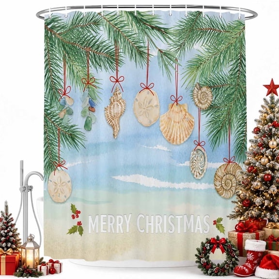 Coastal Christmas Shower Curtain for Bathroom, Shell Ornament Pine Branch Rustic Cottagecore Waterproof Cloth Fabric Bathroom Accessories Set with 12 Rust Proof Plastic Hooks, 72"x78"