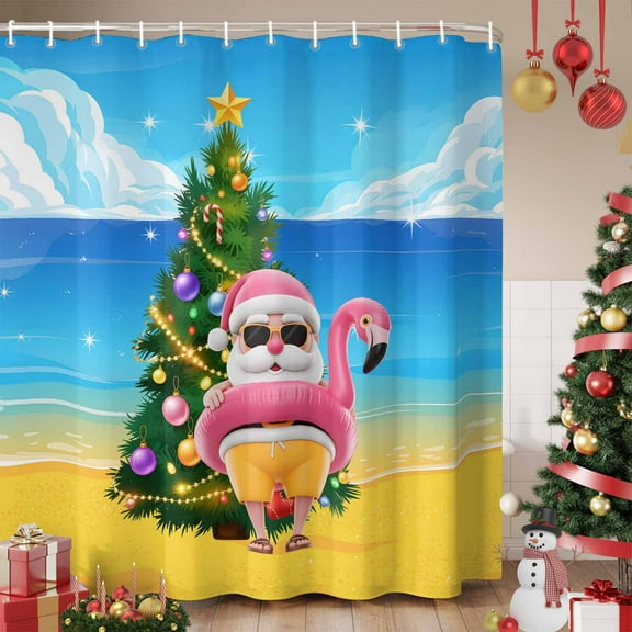 Coastal Christmas Shower Curtain, Flamingo Santa Ocean Beach Nautical Waterproof Fabric Shower Curtains with 12 Hooks, Bathroom Curtain Set for Bathroom Accessories Decor, 54 x 78Inches