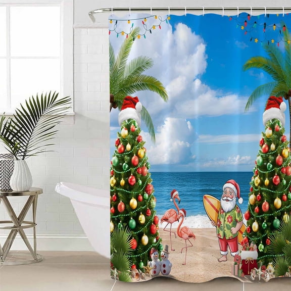 Coastal Christmas Shower Curtain Set, Waterproof Shower Curtains for Bathroom, Xmas Santa Tree Flaming Beach Washable Fabric Cloth Bath Curtain for Bathtub Decoration with Hooks 48x72 Inches