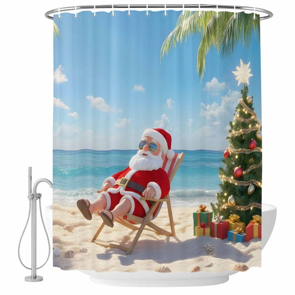 Coastal Christmas Shower Curtain, Waterproof Shower Curtains for Bathroom, Santa Claus Xmas Tree Sandy Beach Washable Fabric Bathtub Curtain Set Bath Decor with 12 Hooks 48"x72"