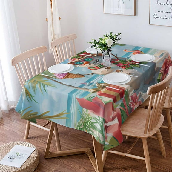 Coastal Christmas Snowman Tablecloth Rectangle Table Cloth 52x70 , Waterproof Tablecloth Outdoor Table Cloth, Beach Xmas Flamingo Washable Table Cover for Kitchen Dining Party