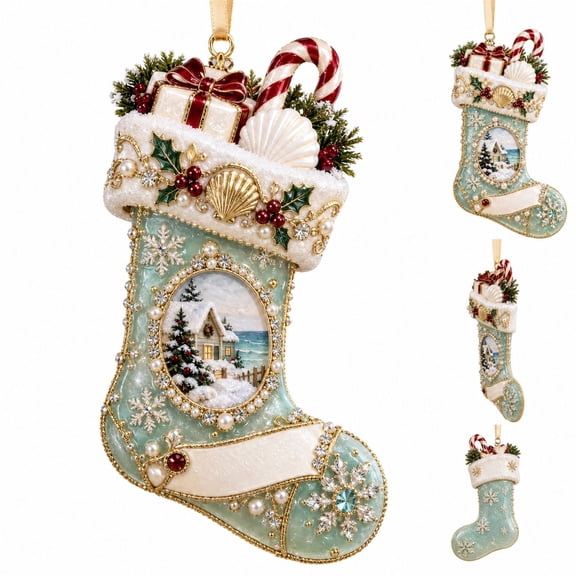 Coastal Christmas Stocking Ornament, Ocean Beach Theme Acrylic Tree Hanging Decoration with Candy Canes and Seashells, Beach House Holiday Decor, 1.46 Inch, 1 Pack, Filled with Love and Memories