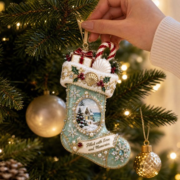 Coastal Christmas Stocking Ornament with Seashell and Pearl Details, Seafoam Green Beach Theme Hanging Decoration for Christmas Tree