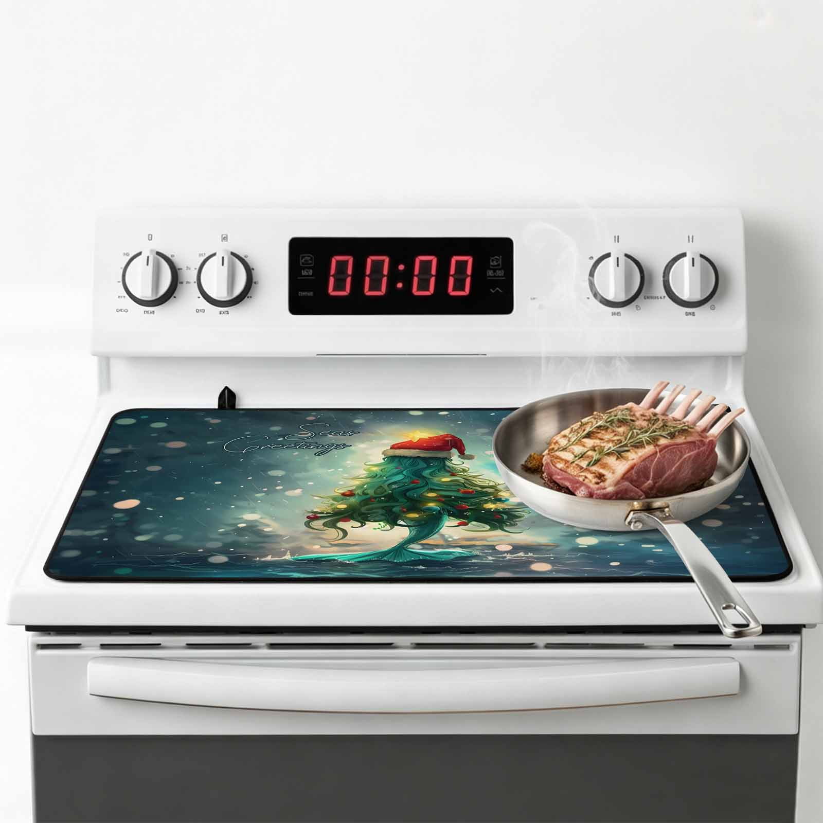 Coastal Christmas Stove Top Cover for Electric Stove, Heat-proof & Non Slip Glass Top Stove Cover Protector, Xmas Pine Tree Ocean Beach Green Kitchen Flat Cooktop Rubber Mat 24x21 Inches