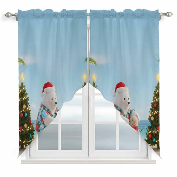 Coastal Christmas Swag Valances for Windows, Kitchen Curtains 36 Inch Length 2 Panels Set, Beach Winter Bears Xmas Tree Holiday Short Curtains for Small Windows Rod Pocket Cafe Curtains 28"x36"