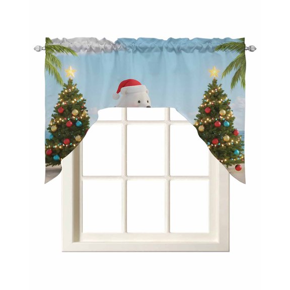 Coastal Christmas Swag Valances for Windows, Small Curtains Drapes, Beach Winter Bears Xmas Tree Holiday Kitchen Window Curtains Over Sink Window Treatment Valance for Bedroom/Bathroom 56"x36"