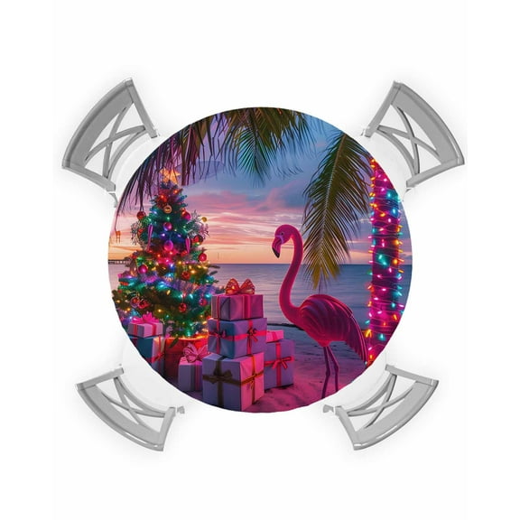 Coastal Christmas Table Cloth, Round Fitted Tablecloths with Elastic Edge, Flamingo Xmas Palm Tree Beach Wipeable Waterproof Table Cover for Kitchen Wedding 36-44 Inches