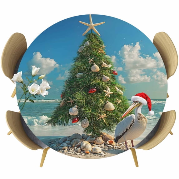 Coastal Christmas Table Cloth, Round Fitted Tablecloths with Elastic Edge, Xmas Tree Beach Nuatical Wipeable Waterproof Table Cover for Kitchen Wedding 55-60 Inches