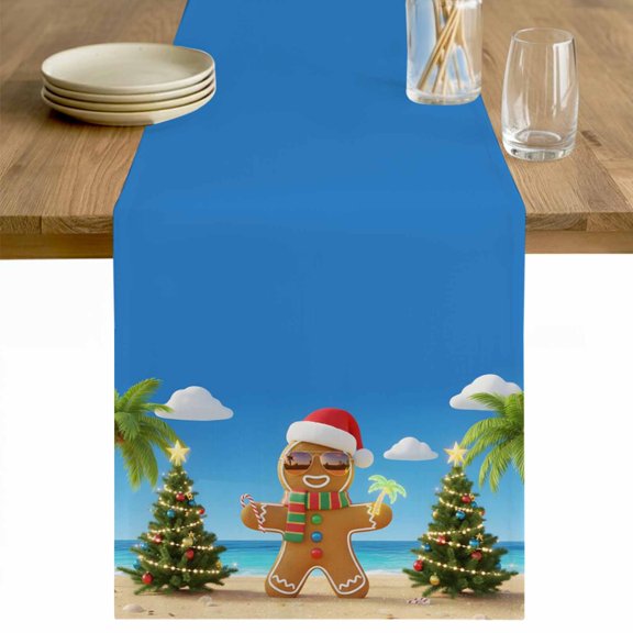 Coastal Christmas Table Runner 36 Inches Long Farmhouse Dress Scarves, Gingerbread Beach Xmas Tree Holiday Dining Tablerunner for Coffee Table/Kitchen Island/Party Décor, Small 13" x 36"