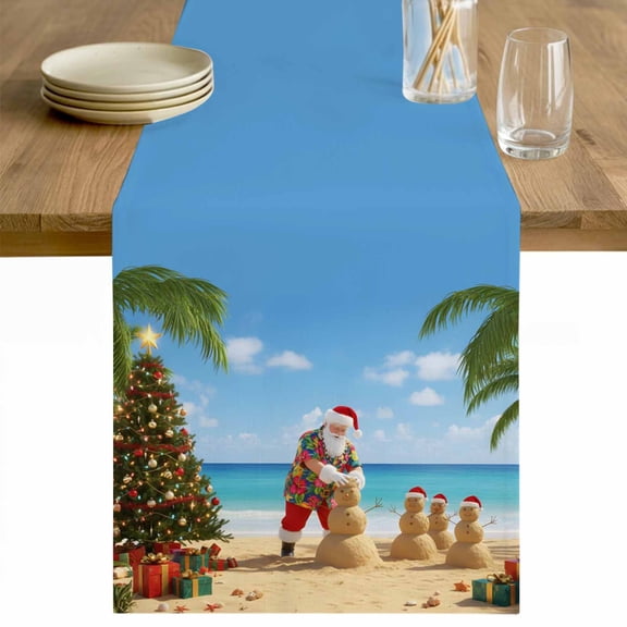 Coastal Christmas Table Runner 48 Inches Long Farmhouse Dress Scarves, Santa Claus Sandy Snowman Xmas Tree Dining Tablerunner for Coffee Table/Kitchen Island/Party Décor, 13" x 48"