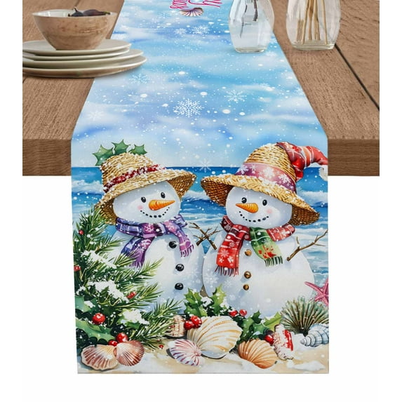 Coastal Christmas Table Runner Beach Snowman Xmas Tree Shell Tablerunners 13 x 60 Inch, Table Decorations Tabletop Scarf for Summer Gathering Holiday Farmhouse Kitchen Dining Decor