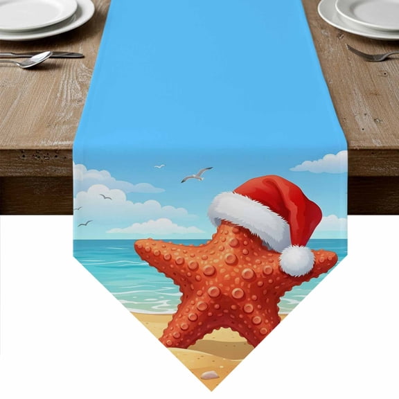Coastal Christmas Table Runner Linen Burlap Table Runner 36 Inches Small Winter Beach Ocean Waves Starfish Dresser Scarves for Kitchen Island Coffee Dining Room Party Wedding Holiday Decor 13"x36"