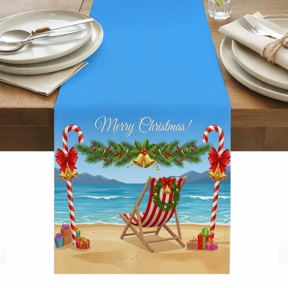 Coastal Christmas Table Runner Winter Xmas Pine Branch Beach Candy Cane Tablerunners 13 x 48 Inch, Table Decorations Tabletop Scarf for Summer Gathering Holiday Farmhouse Kitchen Dining Decor