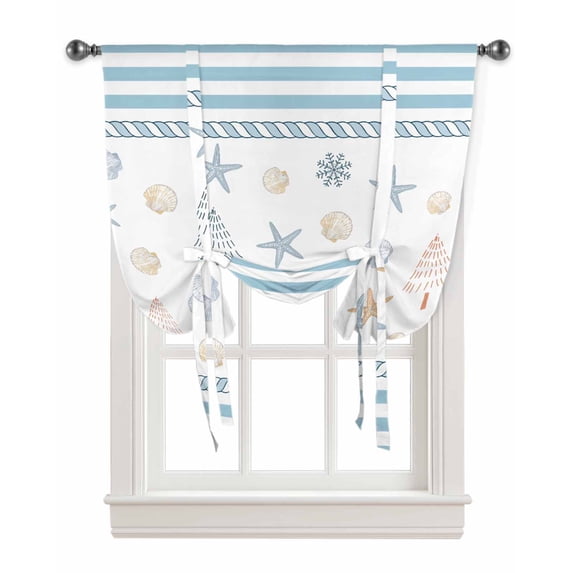 Coastal Christmas Tie Up Curtains for Window, Xmas Tree Starfish Beach Blue Striped Thermal Insulted Balloon Shade Adjustable Rod Pocket Curtains Valance Panels for Kitchen Bathroom Café 52 x 45