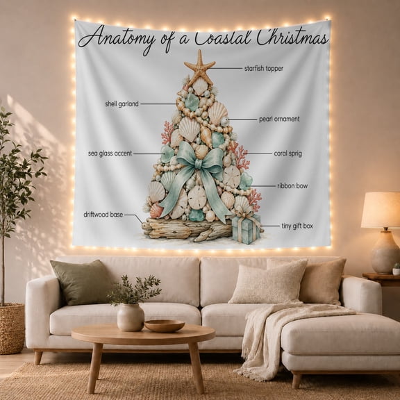 Coastal Christmas Tree Anatomy on White Background, Whimsical Illustration for Ocean Lovers, Nautical Shell Diagram Art, Holiday Gift Tapestry Wall Hanging for Living Room and Bedroom