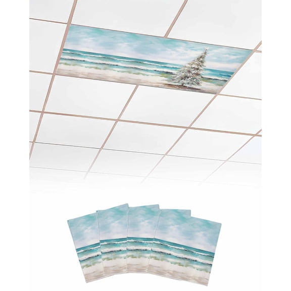 Coastal Christmas Tree Fluorescent Light Covers for Ceiling Lights 4x2 feet,4 Pack Magnetic Light Filters for Classroom,Modern Oil Painting Beach Xmas Tree Fluorescent Light Shade Panel for Office