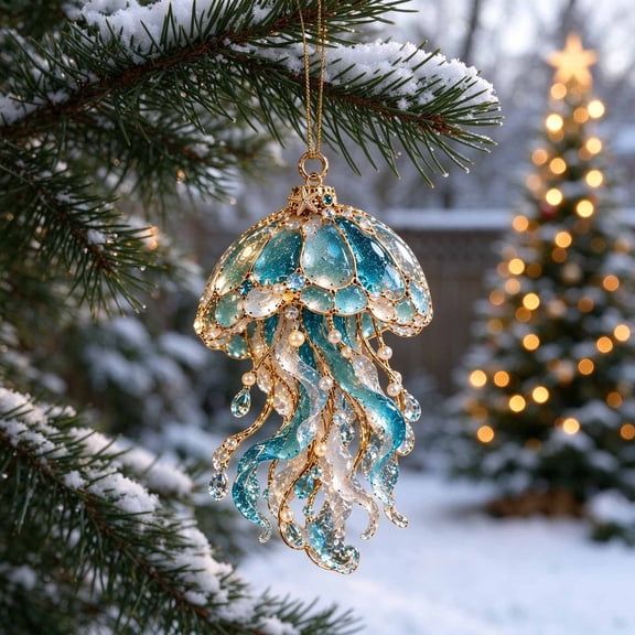 Coastal Christmas Tree Hanging Ornament, 2D Acrylic Pendant, Bead and Pearl Sea Themed Details, Marine Style Hanging Decoration, Nautical Tree Decor for Indoor Seasonal Display (H)