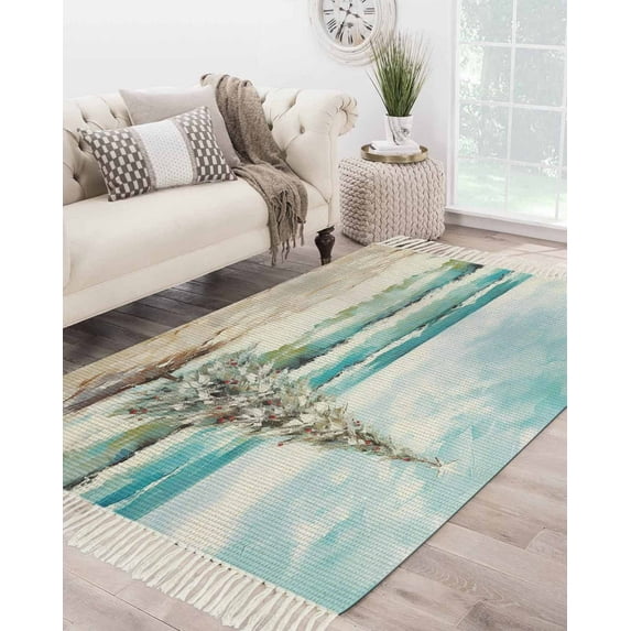 Coastal Christmas Tree Large Area Rug 4x6ft Woven Runner Rug,Modern Oil Painting Beach Xmas Tree Washable Living Room Bedroom Kitchen Bathroom Classroom Carpet with Tassels,Indoor Outdoor Door Mat