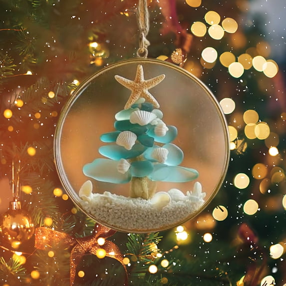 Coastal Christmas Tree Ornament,Handmade Sea Glass Christmas Tree Hanging Decorations,Christmas Pendants Decor with Rope,for Christmas Tree Hanging Ornaments,Sea Glass Art for Best Friends (Style H)