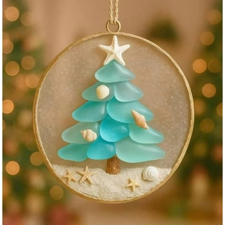 Coastal Christmas Tree Ornament, Handmade Sea Glass Shell Tree