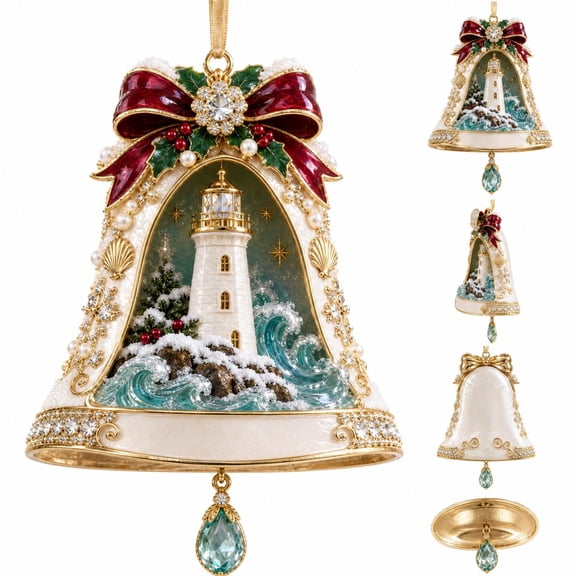 Coastal Christmas Tree Ornament with Lighthouse and Red Bow Design, Single Piece, Gold and Teal, for Beach House Decor, Christmas Decoration