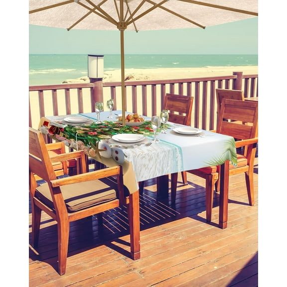 Coastal Christmas Tree Outdoor Tablecloth - 60x84 Inch Rectangle Dining Table Cover, Xmas Tree Balss Snowman Beach Waterproof Outdoor Table Cloth with Umbrella Hole & Zipper for Patio/Party