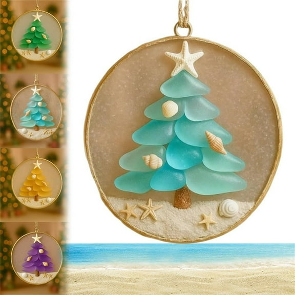 Coastal Christmas Tree Sea Glass Ornament - 2D Flat Acrylic Ornament Hanging Pendant, Cute Hanging Christmas Tree Decoration for Family Gatherings