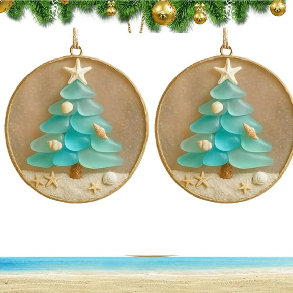 Coastal Christmas Tree Sea Glass Ornament, Beach Style Mirror Decorations, Sea Glass Shell Tree with Starfish Topper, Beach Hanging Handmade Decorations, Ocean Inspired Ornament