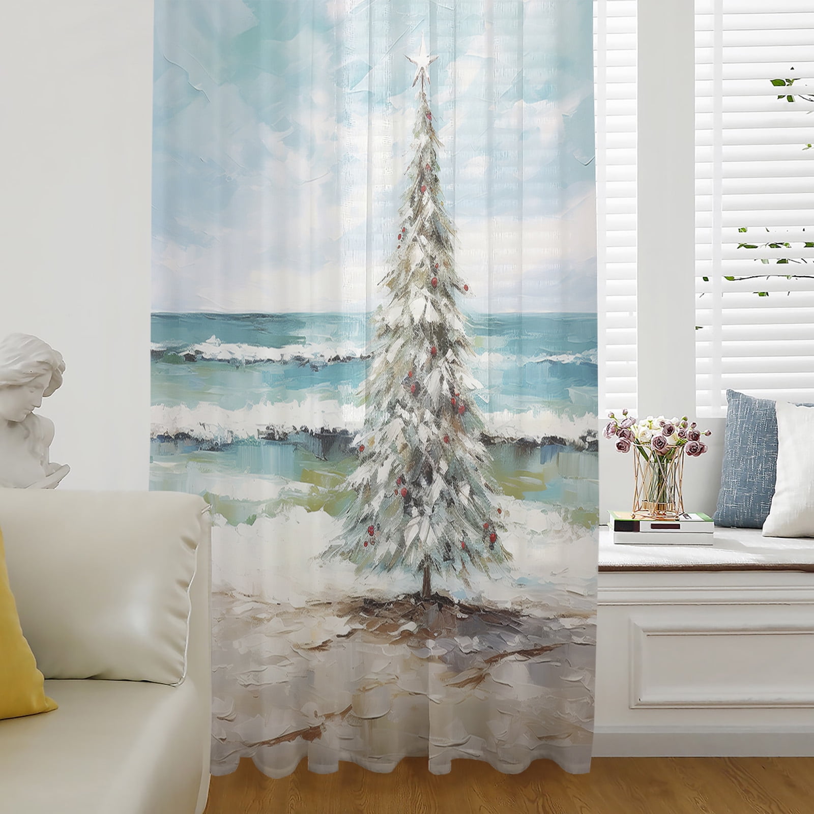 Coastal Christmas Tree Semi Sheer Curtains Drapes for Living Room ...