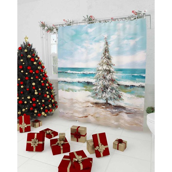 Coastal Christmas Tree Shower Curtain, Modern Oil Painting Beach Xmas Tree Waterproof Washable Fabric Shower Curtains Set for Bathroom Bathtubs Decor with Hook, 36"Wx72"L