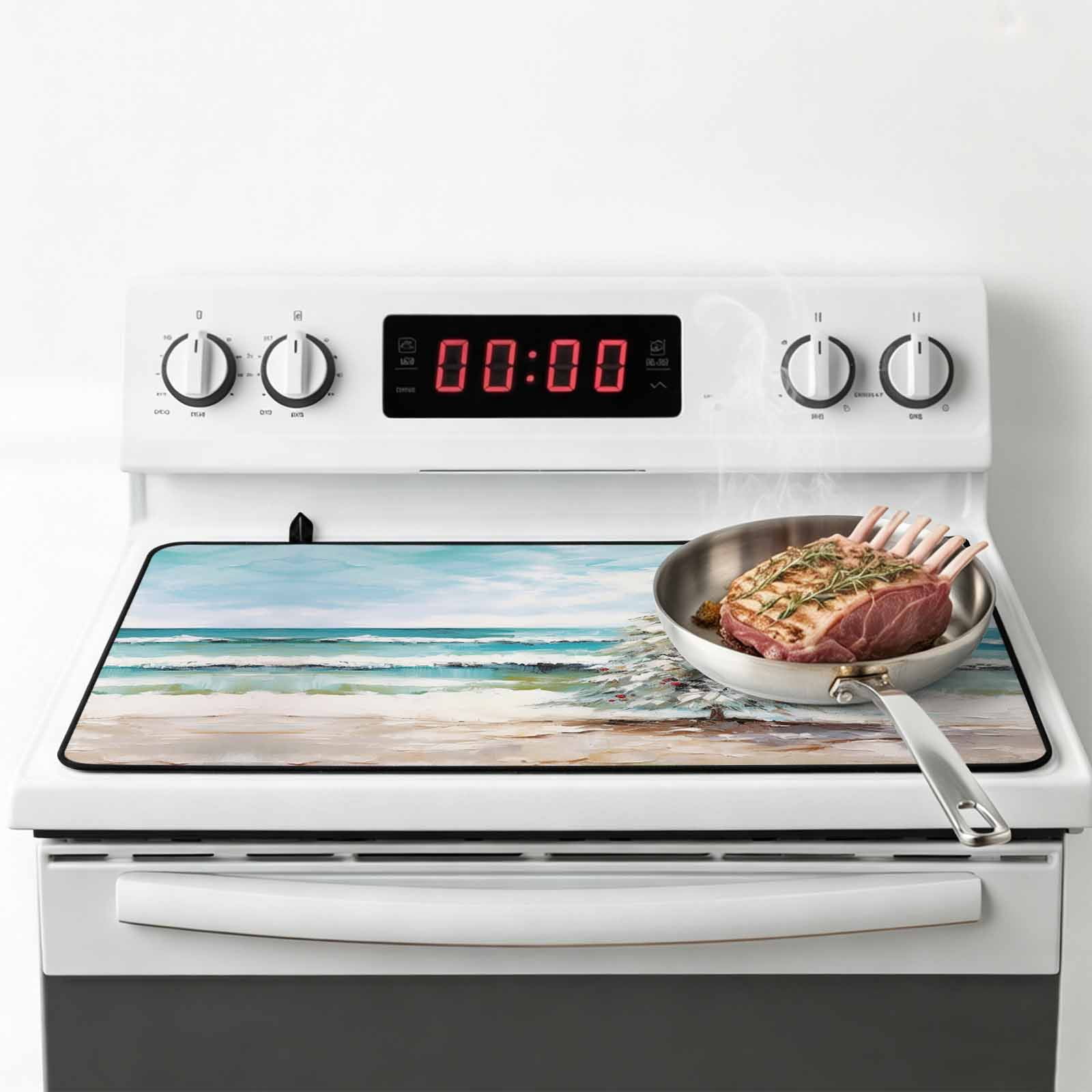 Coastal Christmas Tree Stove Top Cover for Electric Stove, Heat-proof & Non Slip Glass Top Stove Cover Protector, Modern Oil Painting Beach Xmas Tree Kitchen Flat Cooktop Rubber Mat 24x21 Inches