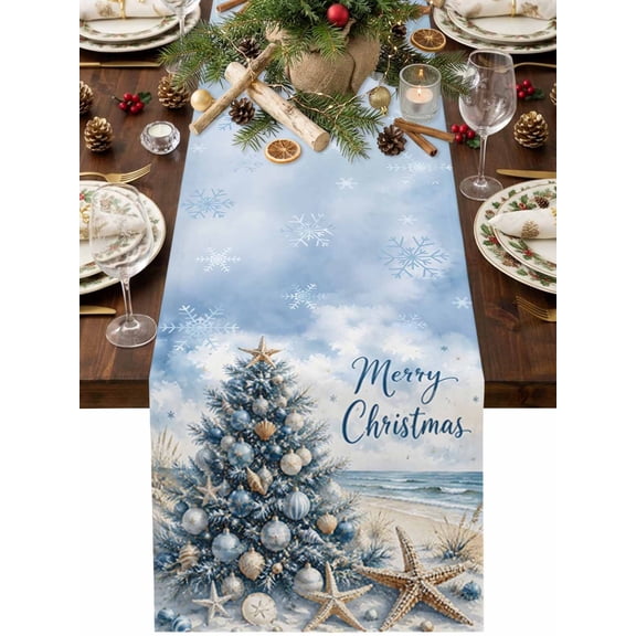 Coastal Christmas Tree Table Runner 60 Inches Long, Kitchen Dining Table Decoration, Blue Starfish Xmas Balls Tree Coffee Tablerunner Dress Scarves Farmhouse Décor for Party, Holiday, 13 x 60