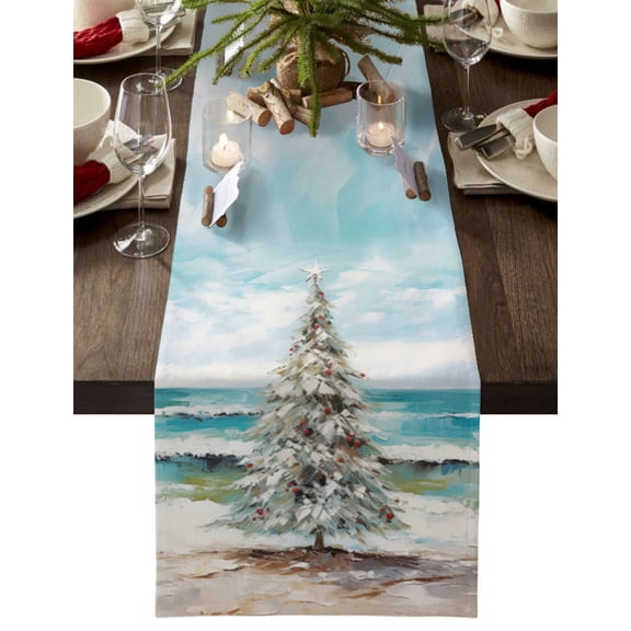 Coastal Christmas Tree Table Runner Modern Oil Painting Beach Xmas Tree Tablerunners 16 x 72 Inch, Table Decorations Tabletop Scarf for Summer Gathering Holiday Farmhouse Kitchen Dining Decor