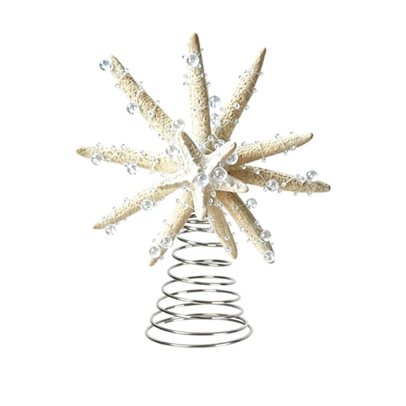 Coastal Christmas Tree Topper, 6.3" Double Layer Star with Blue Beads Base, Nautical Starfish Xmas Ornament for Beach Style Holiday Tabletop, Rustic Seaside Decor for Mantel Shelf Entryway Display