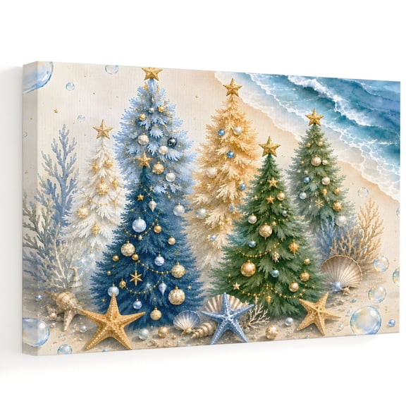 Coastal Christmas Trees Canvas Wall Art, Ocean Sea Waves Golden Sand Beach Wooden‑Stretched Canvas Print Artwork, Home Wall Decor for Living Room Bedroom Office 10"Lx8"W