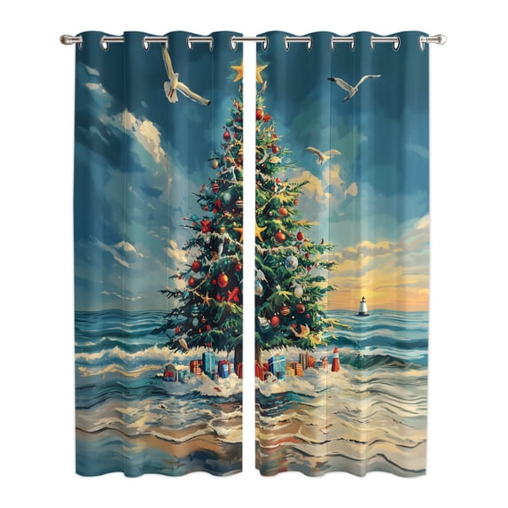 Coastal Christmas Window Curtains Panels with Silver Grommet, Christmas Tree Beach Nautical Kitchen Cafe Curtain Draperies Window Treatment Set for Living Room/Bedroom/Laundry Room/Bathroom, 84x84