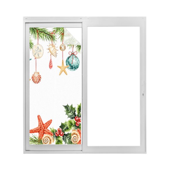 Coastal Christmas Window Privacy Film Boho Green Pine Branch Starfish Seashell Decorative Glass Window Film UV Blocking Static Cling Non-Adhesive Sticker Covering for Home Door 17.7 x 39.3 inches