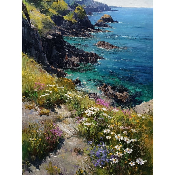 Coastal Cliff Flowers Oil Canvas Print, Wall Decor for Living Room Bedroom Dining Room Office Hotel Lobby