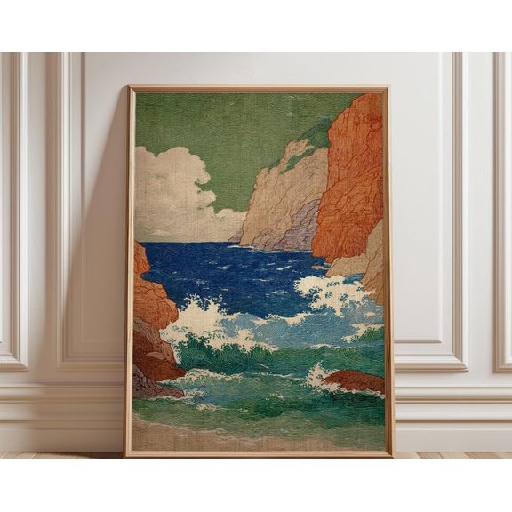 Coastal Cliff Seascape Vintage Style Ocean Waves Landscape Wall Art, Unframed Paper Poster 8x10in