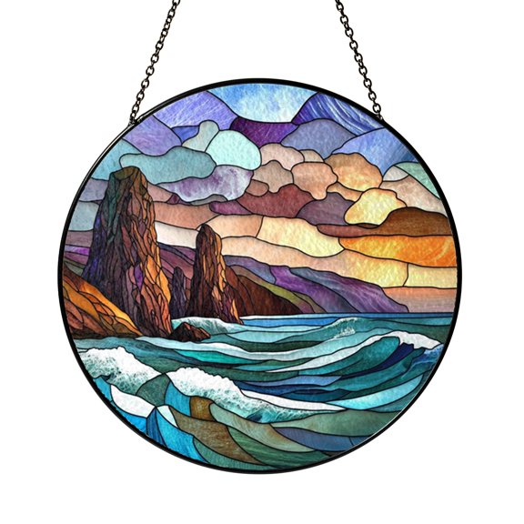 Coastal Cliff Stained Glass Suncatcher, Ocean View Window Hanging Art, Seaside Nature Inspired Decorative Glass Panel Ornament, Housewarming Gift