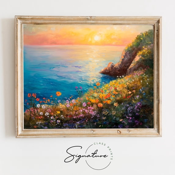 Coastal Cliff Sunset With Wildflowers, Scenic Seaside Artwork, Tranquil Flower Field Wall Decor, Coastal Sunset Art, 694 Home Decor, 16x24 UNFRAMED